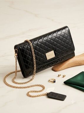 Nine & Co. Black Quilted Patent Leather Clutch with Gold Hardware